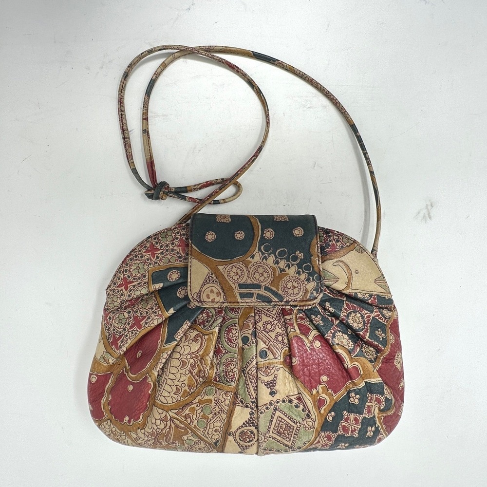 Lisette Vintage Paisley Leather Crossbody Bag Multicolor Mosaic Floral Boho 80s - Picture 2 of 12